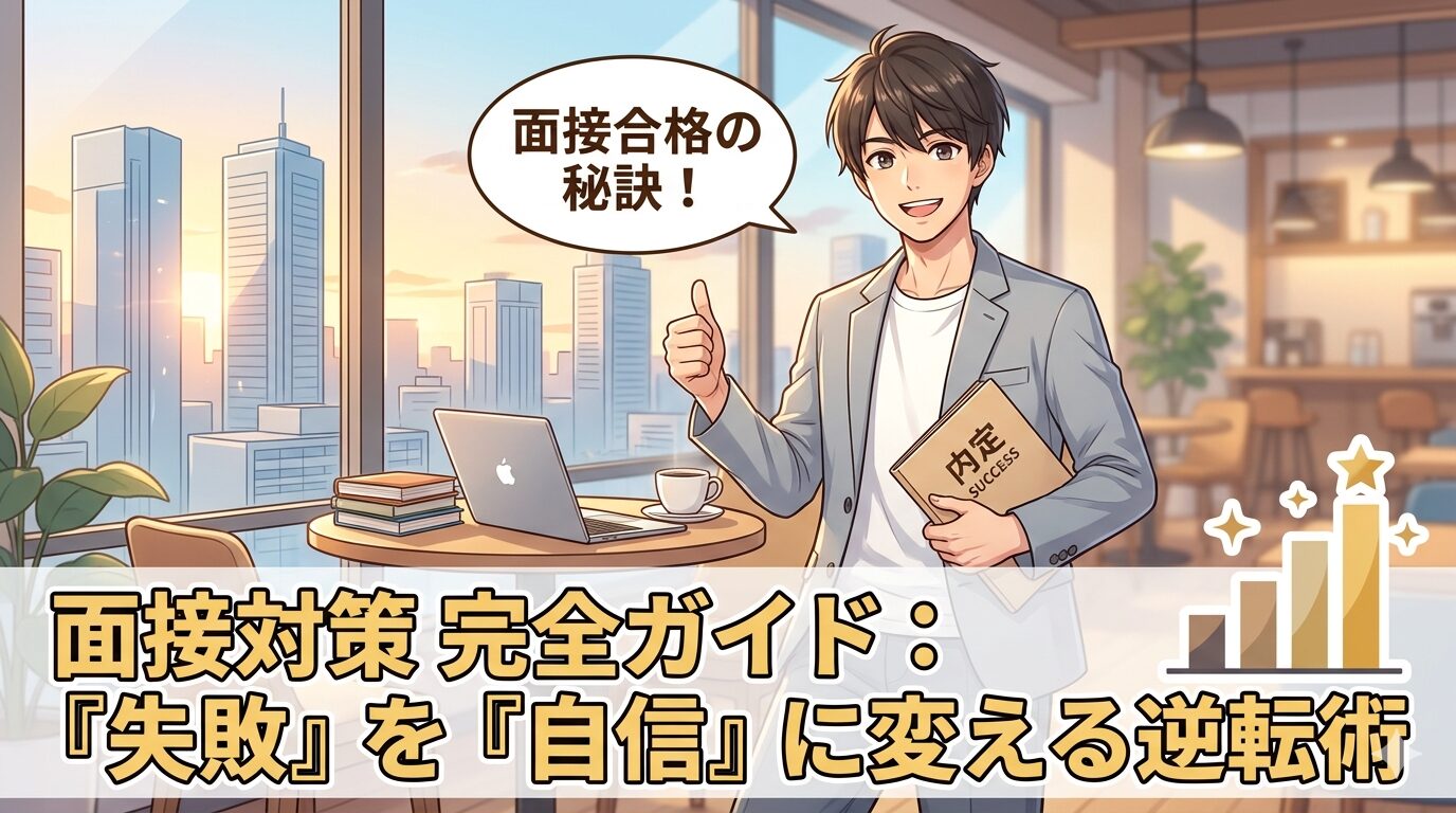 面接対策のアニメ調アイキャッチ画像。挫折から自身を持ち、ホワイト企業で働く姿。